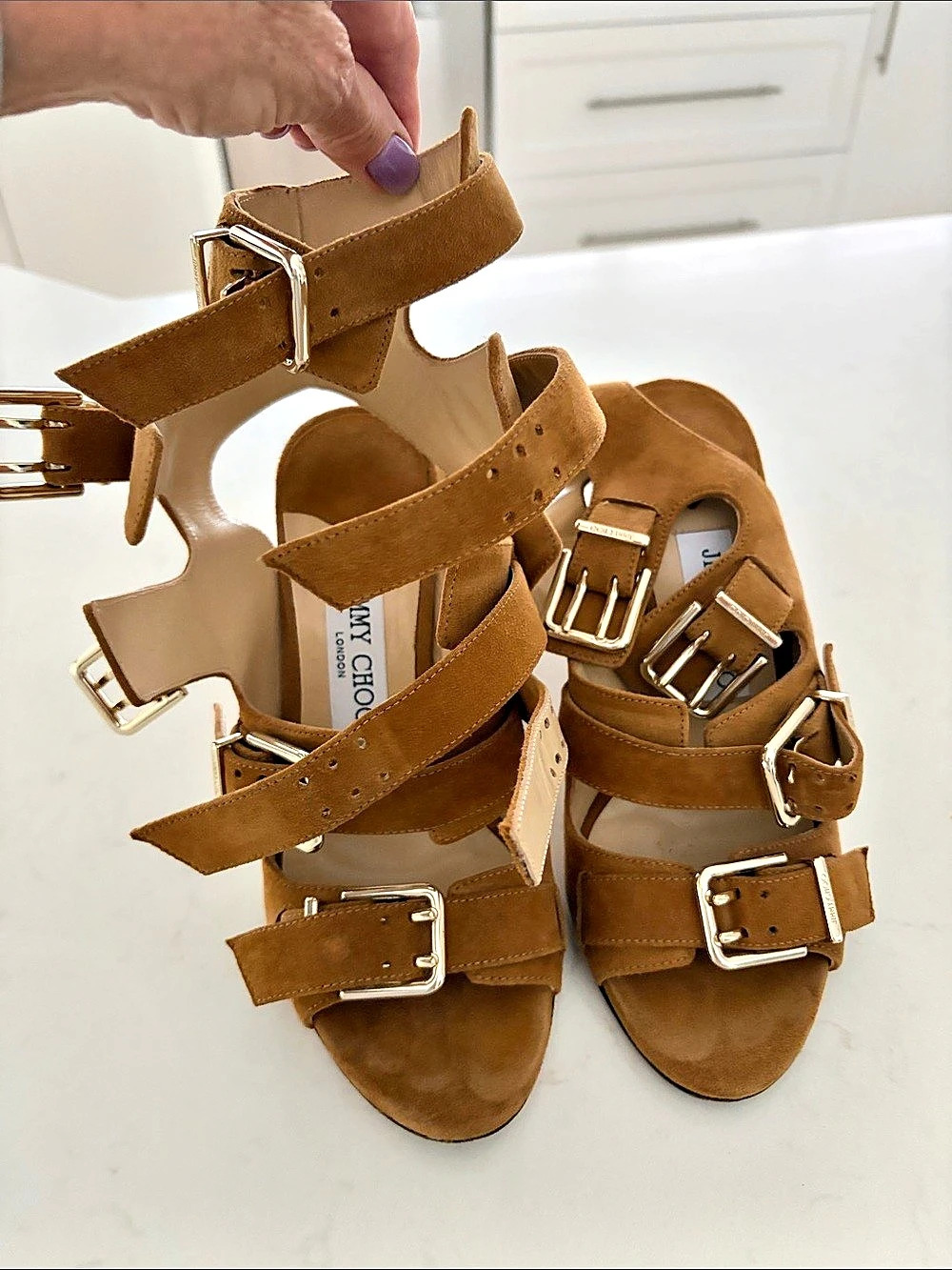 Jimmy Choi Women's Strappy Buckle Sandals in Brown Like New